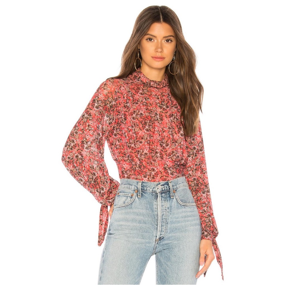 Free People All Dolled Up floral mesh mock neck top